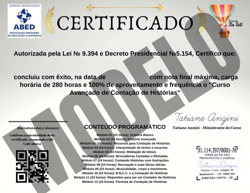 MODELO DE CERTIFICADO DO CURSO DE CONTAÇÃO DE HISTÓRIA TURMA DA TIA TATI