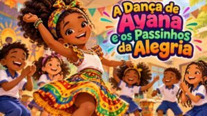 Menina negra Ayana dançando com colegas em uma apresentação escolar colorida