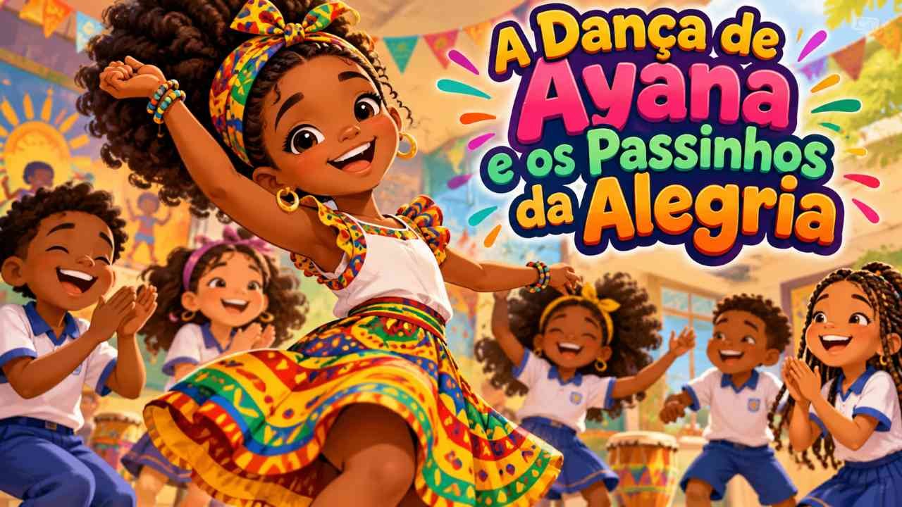 Menina negra Ayana dançando com colegas em uma apresentação escolar colorida