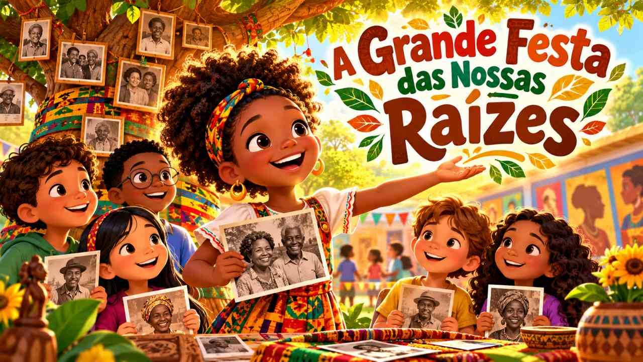 Crianças de diferentes tons de pele ao redor de uma árvore de papel com lembranças das famílias em uma festa na escola