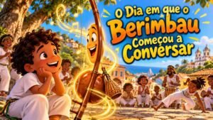 Menino negro Pedro ouvindo um berimbau ao lado de Mestre André e outras crianças numa roda de capoeira