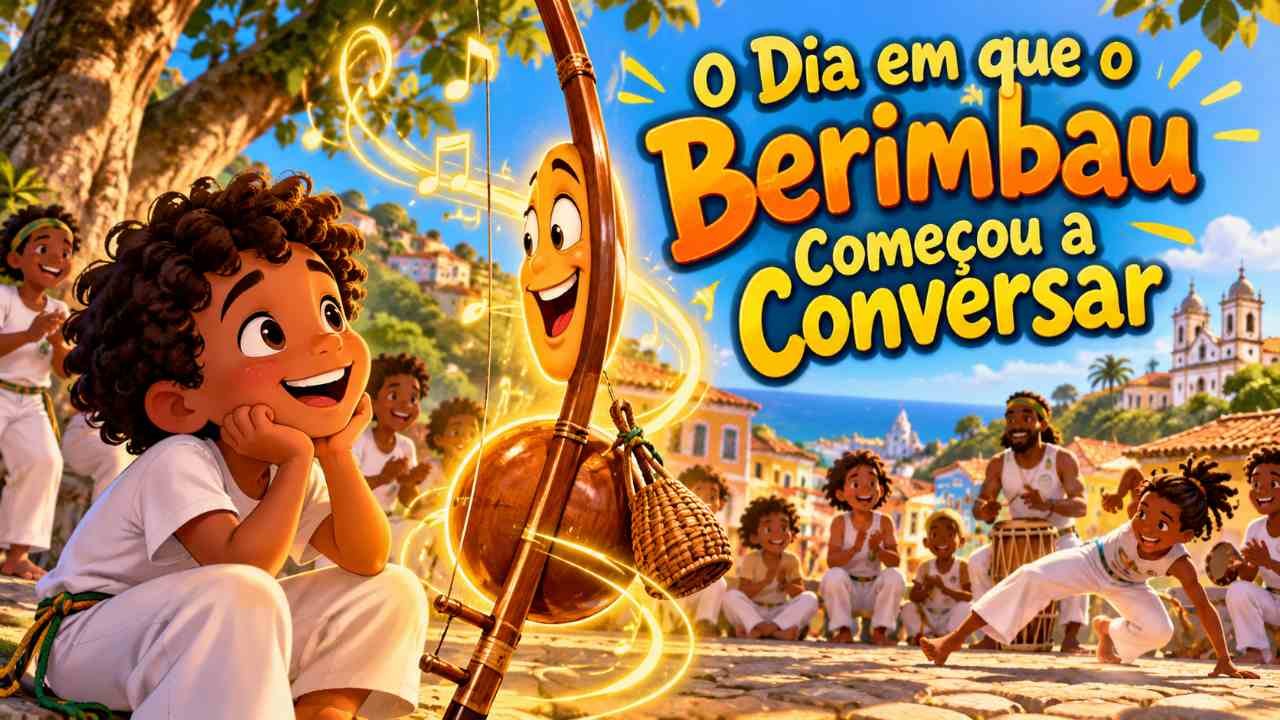 Menino negro Pedro ouvindo um berimbau ao lado de Mestre André e outras crianças numa roda de capoeira