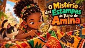 Amina e sua prima Zuri observando um tecido colorido com figuras e um gato brincalhão