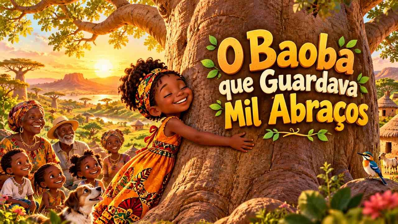 Menina negra Mariama com o avô e amigos abraçando um baobá enorme em uma comunidade no Senegal