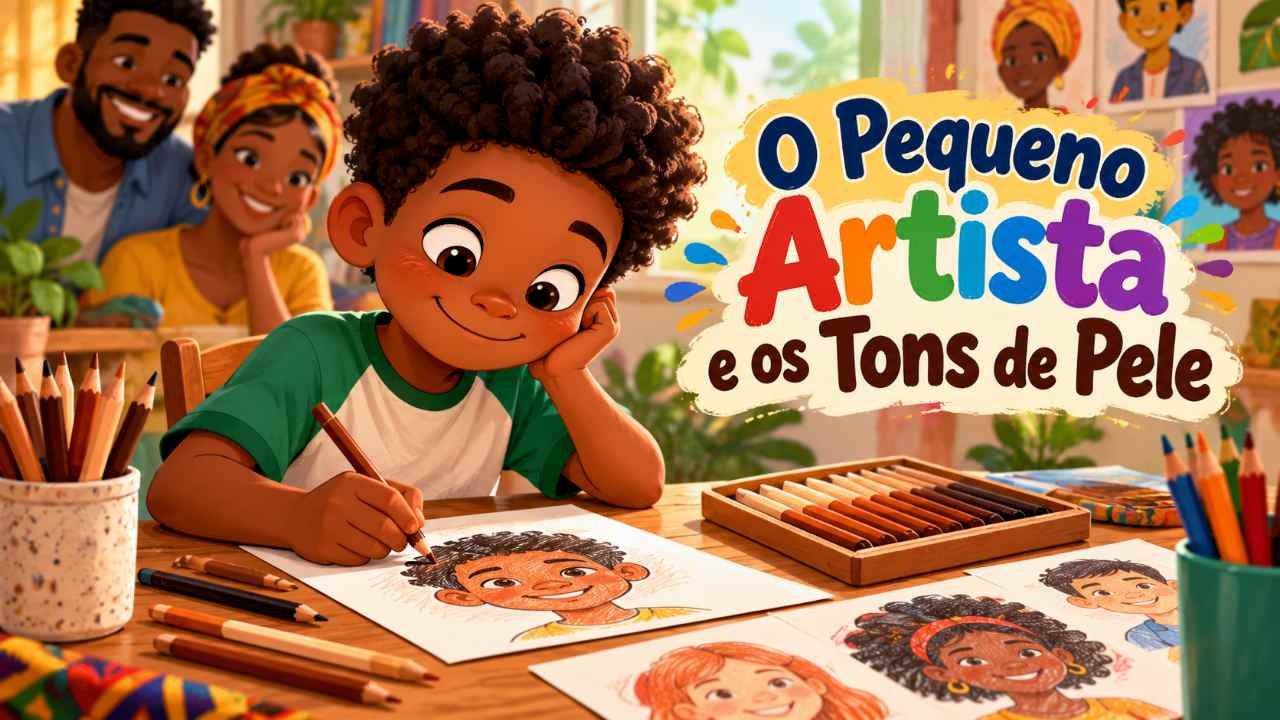 Menino negro desenhando o retrato do avô com lápis em diferentes tons de pele