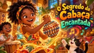 Menina negra Lia conhecendo o xequerê de cabaça com a tia Joana e o primo Bento