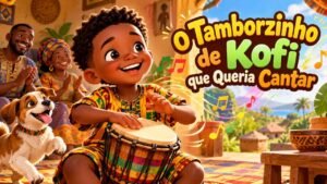 Menino negro Kofi tocando tamborzinho com a família em um quintal ensolarado em Gana