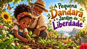 Menina negra Dandara cuidando de plantinhas com o avô em um jardim comunitário colorido