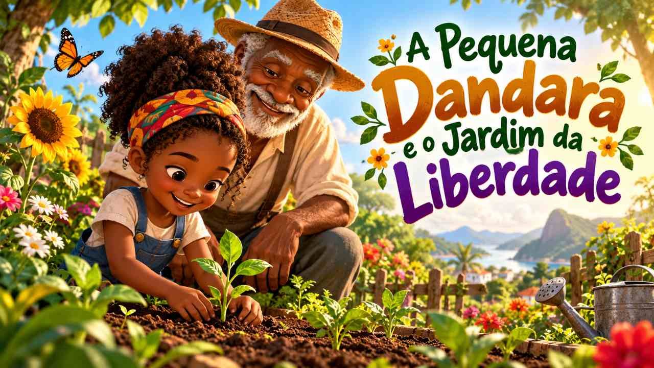 Menina negra Dandara cuidando de plantinhas com o avô em um jardim comunitário colorido