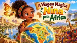 Nina e uma borboleta mágica em aventura imaginária por diferentes paisagens africanas